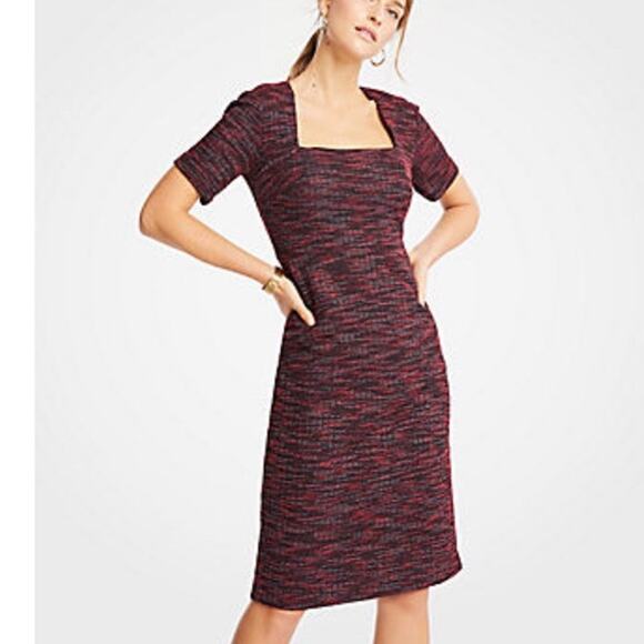 Ann Taylor Dresses & Skirts - Ann Taylor Red Multi Tweed Square Neck Short Sleeve Dress Size 6